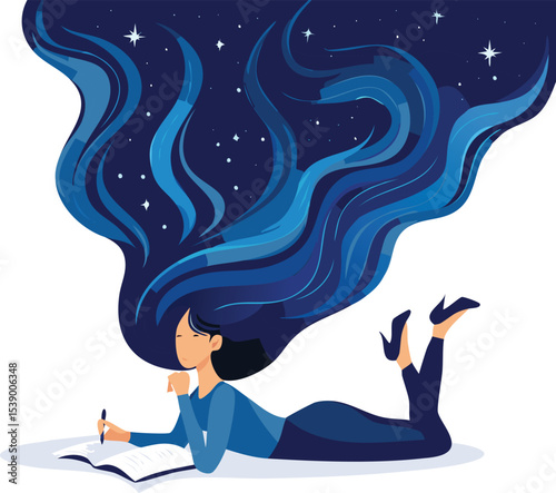 A minimalist vector illustration of a woman lying on her stomach while writing, with long dark blue flowing hair that transforms into a cosmic starry sky	