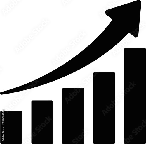 Black graphic illustration showing a bar chart with an upward moving arrow icon