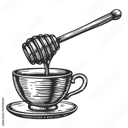 Honey Dipper Drizzling Honey into a Tea Cup for Beverage Recipes, Health Blogs, Relaxation Articles, and Culinary Websites  