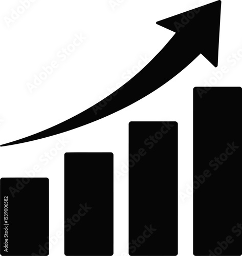 Black bar graph with an upward trending arrow on a white background illustration