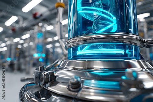 A gleaming, high-tech industrial reactor with a vibrant blue energy core, symbolizing advanced manufacturing, clean energy, pharmaceutical production, and cutting-edge scientific research.