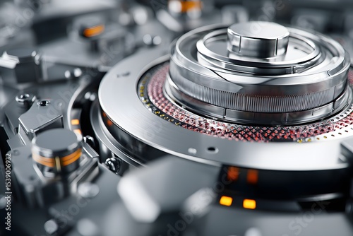 A futuristic metallic mechanism symbolizing advanced technology, data processing, and artificial intelligence.