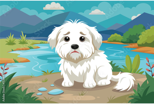 Cotton de Tulear dog abandoned near lake crying vector illustration peaceful nature scene