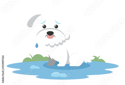 Cotton de Tulear dog abandoned near lake crying vector illustration peaceful nature scene