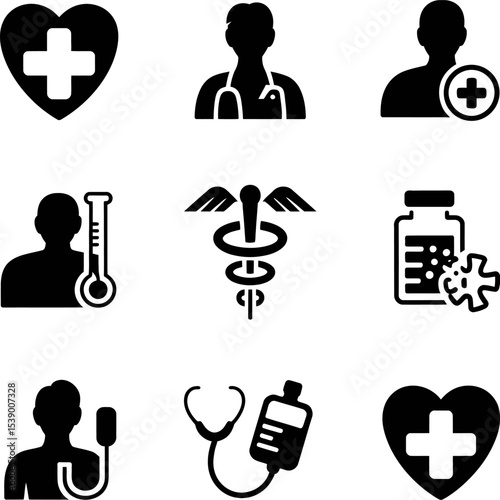 A collection of medical icons including doctor, heart, thermometer, and more in black