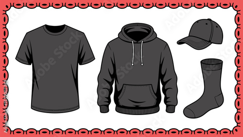 Shop black apparel clothing t shirt hoodie baseball cap sock fashion style wardrobe outfit casual wear editable stock vector illustration