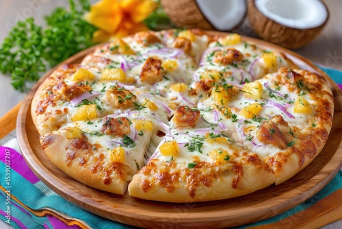 Thin sweet and salty exotic pizza with chicken, coconut  and pineapple on colorful napkin