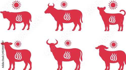 Red animal livestock farm beef cattle sheep goat sun heat vector illustration graphic design icon set editable stock vector illustration