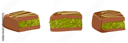 Vector illustration set of Dubai chocolate candy with pistachio paste and kataifi dough. Hand drawn sweets with milk chocolate and pistachio kernel for packaging, menu, catalog spreads, product cards