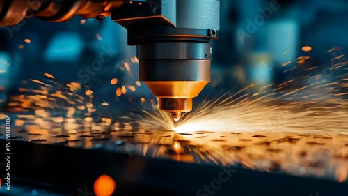 Wallpaper Mural Close-up of industrial laser cutting machine with sparks flying, precision process in blue-lit workshop. Concept of advanced fabrication technology Torontodigital.ca