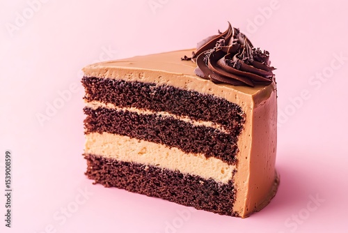 A peanut butter chocolate cake slice with two-tone frosting and striped sponge, placed on a simple rose blush background 
