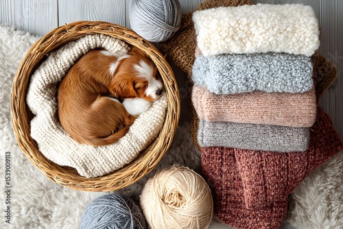 A cute Cavalier King Charles Spaniel puppy asleep in a woven basket surrounded by cozy knitted blankets and yarn, symbolizing comfort, pet care, warmth, and handmade crafts.