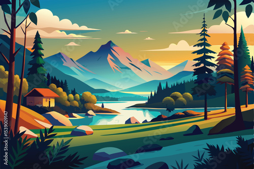 Serene Mountain Lake Sunset A Peaceful Landscape Illustration