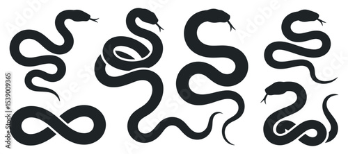 Collection of Four Snake Silhouette Illustrations with Different Poses Isolated on White Background Vector Graphic Design Element for Tattoo or Logo