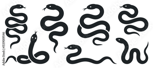 Collection of Black Snake Silhouettes on White Background in Various Poses and Styles for Graphic Design and Illustration Projects