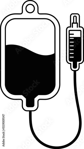 Illustration of an intravenous drip bag with fluid and a drip counter in black and white