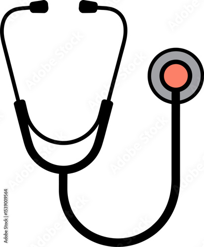 A simple illustration of a black stethoscope with a red and gray circular head