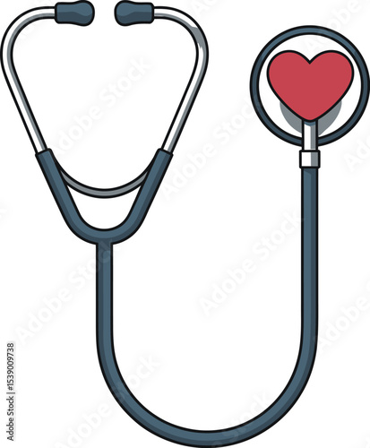 Illustration of a stethoscope with a red heart on the diaphragm against white backdrop