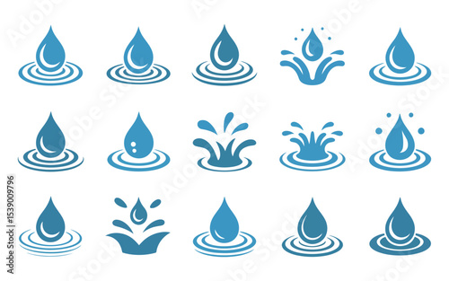 Water Drop Icons Set with Ripples and Splashes in Blue Color Collection of Isolated Vector Illustrations on White Background for Design Elements
