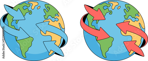 Globe earth arrows direction movement global circulation international business world travel concept editable stock vector illustration