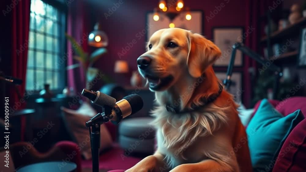 Golden Retriever's Engaging Podcast: A charming scene of a pet dog broadcasting