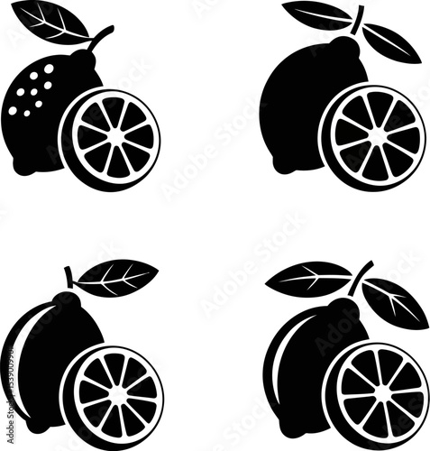 Four black and white lemon illustrations with leaves and lemon slices in a grid