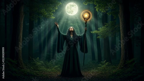 Woman witch casting spell with magic staff in dark mystical forest at night under full moon, fantasy footage.