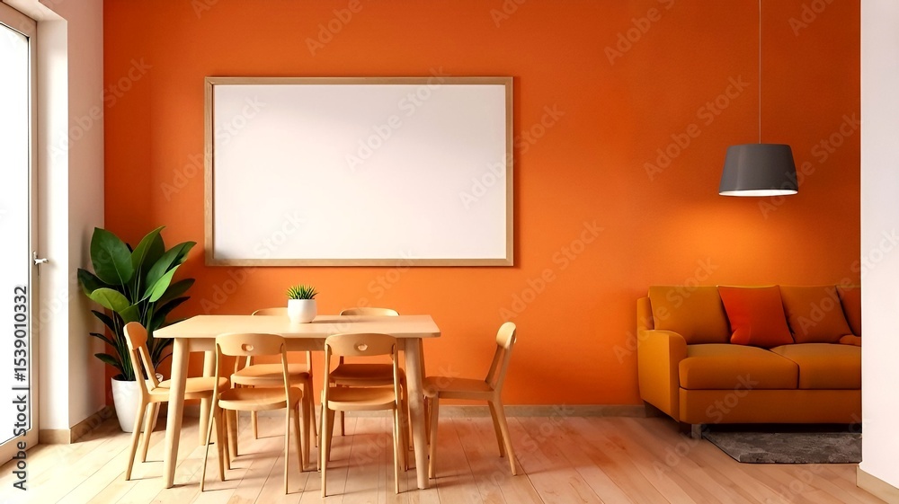 Fototapeta premium Stylish scandy interior, modern dining room with wooden frame for painting mock up. dinner table, chairs at kitchen in new apartment