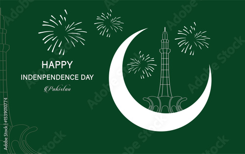 Happy Independence Day Pakistan banner, card, poster, template with flag, moon, star, sparking lights, typography with green background 