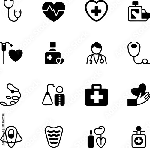 A collage of sixteen medical related icons in black and white showing healthcare items