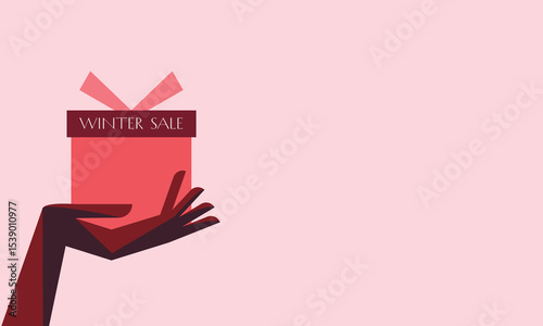 Vector illustration of a hand holding a gift box with empty space for text. Perfect for sales, holiday promotions, banners, and advertising design.