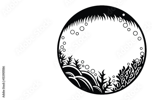 Isolated Vector of Fish Bowl with Aquatic Foliage and Bubbles