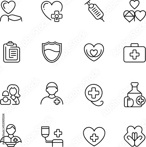 A collection of sixteen outline medical icons arranged in a four by four grid layout