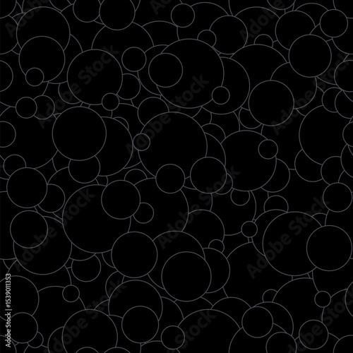 Repeating abstract pattern featuring bright, gray circles arranged randomly on a black surface, perfect for digital or textile design, vector illustration