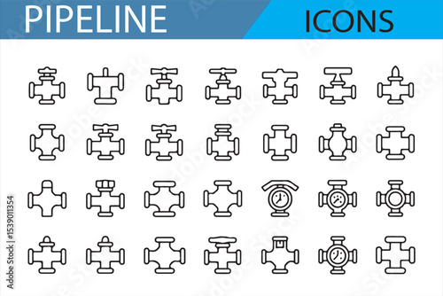Set of Engineering Icons for Pipelines, Valves, and Fluid Control