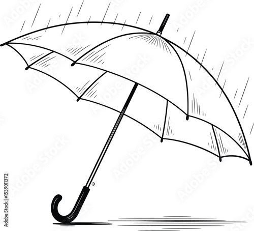 Black and white sketch of an umbrella with raindrops, isolated on a white background, perfect for weather, rainy day, or outdoor protection-themed designs on Adobe Stock.