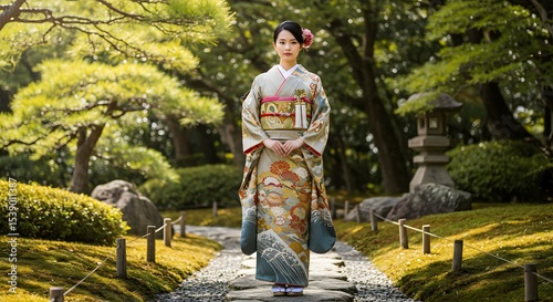 AI-Generated Women in Detailed Kimonos – Blending Modern Aesthetics with Traditional Japanese Culture Through Elegant Patterns and Contemporary Expression photo
