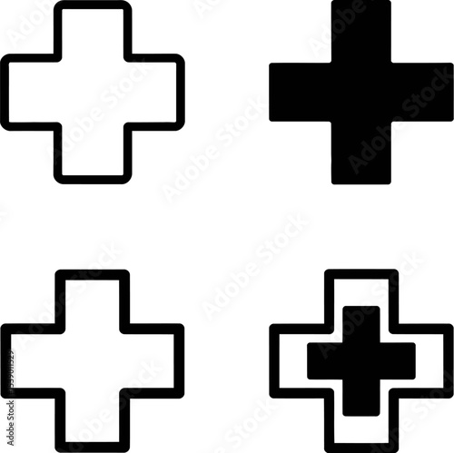 A graphic arrangement of four cross symbols in varying styles on a white background