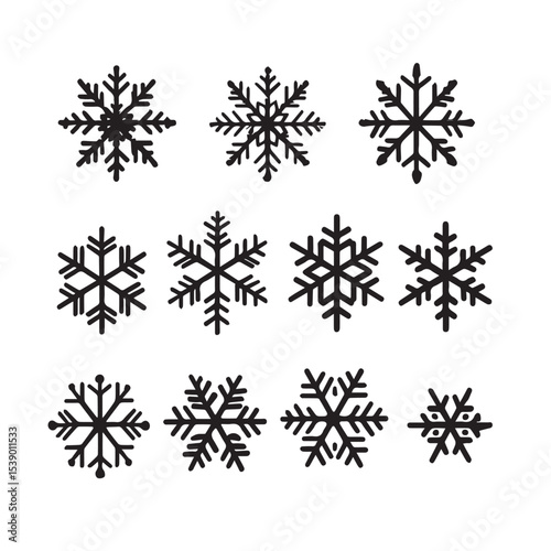 Collection of Black Snowflake Silhouettes on a White Background for Winter Designs
