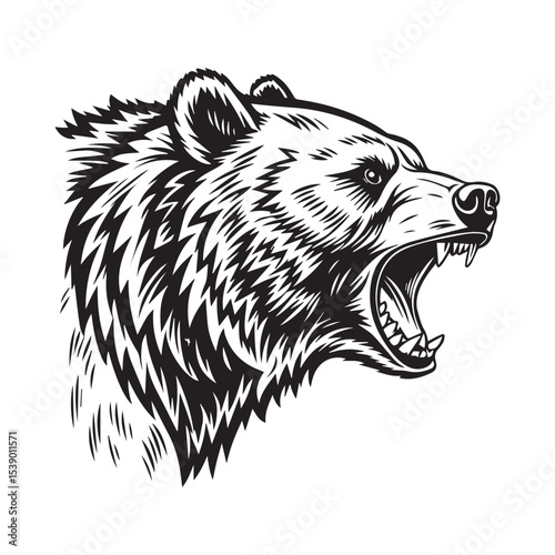 Powerful Grizzly Bear Head in a Vintage Style Illustration