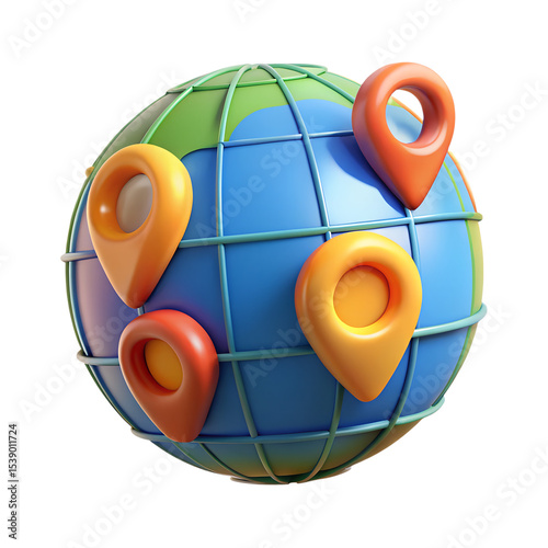 Colorful 3d globe with location pins