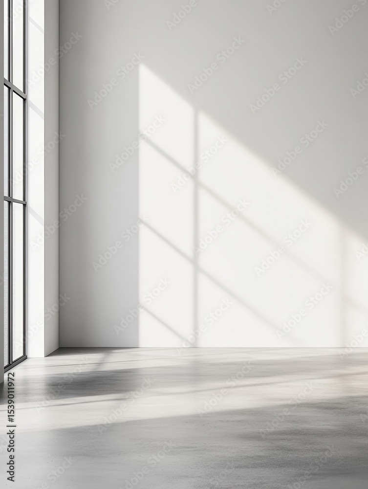 Fototapeta premium White empty room wall with soft light and copy space. Empty white wall background. Bright minimalistic empty abstract studio room with gray wall and concrete floor