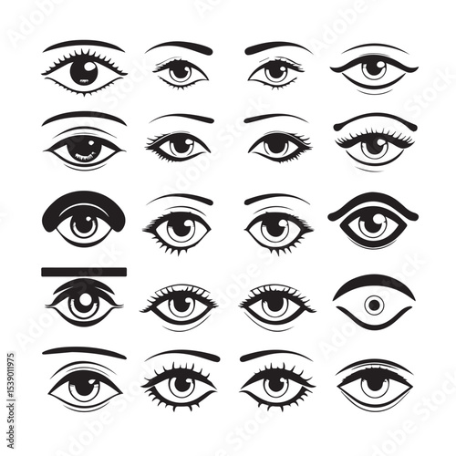 Collection of Stylized Eyes in Black and White Vector Illustration