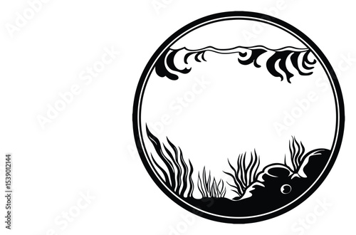 Vector Line Art of a Decorative Glass Fishbowl with Plants