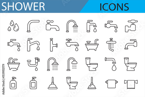 Collection of Water Flow, Faucet, and Showerhead Icons for UI Use