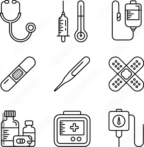 A set of line art medical icons including stethoscope syringe and thermometer band aids