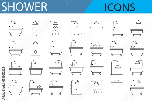 Minimalist Icons of Showers, Faucets, and Bathtubs for UI Design