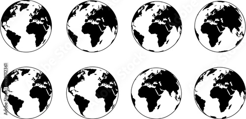 Globe earth world map geography continents countries black and white vector illustration set of eight 100 editable stock vector illustration