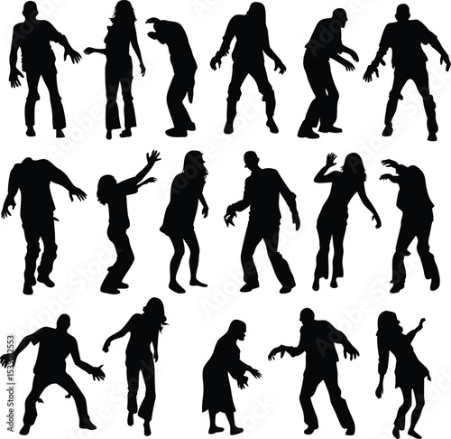 Silhouetted Zombie Crowd Walking in Various Poses for Halloween Designs