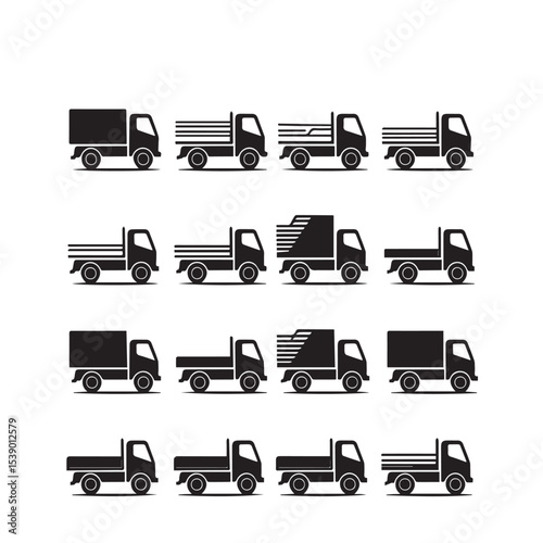 Collection of Black Truck Icons in Various Styles on a White Background